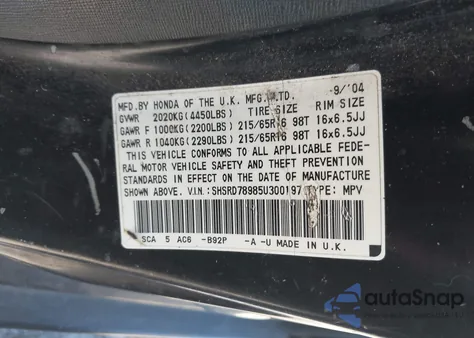 2005 Honda Cr-V Se from USA, damaged, VIN SHSRD78985U300197